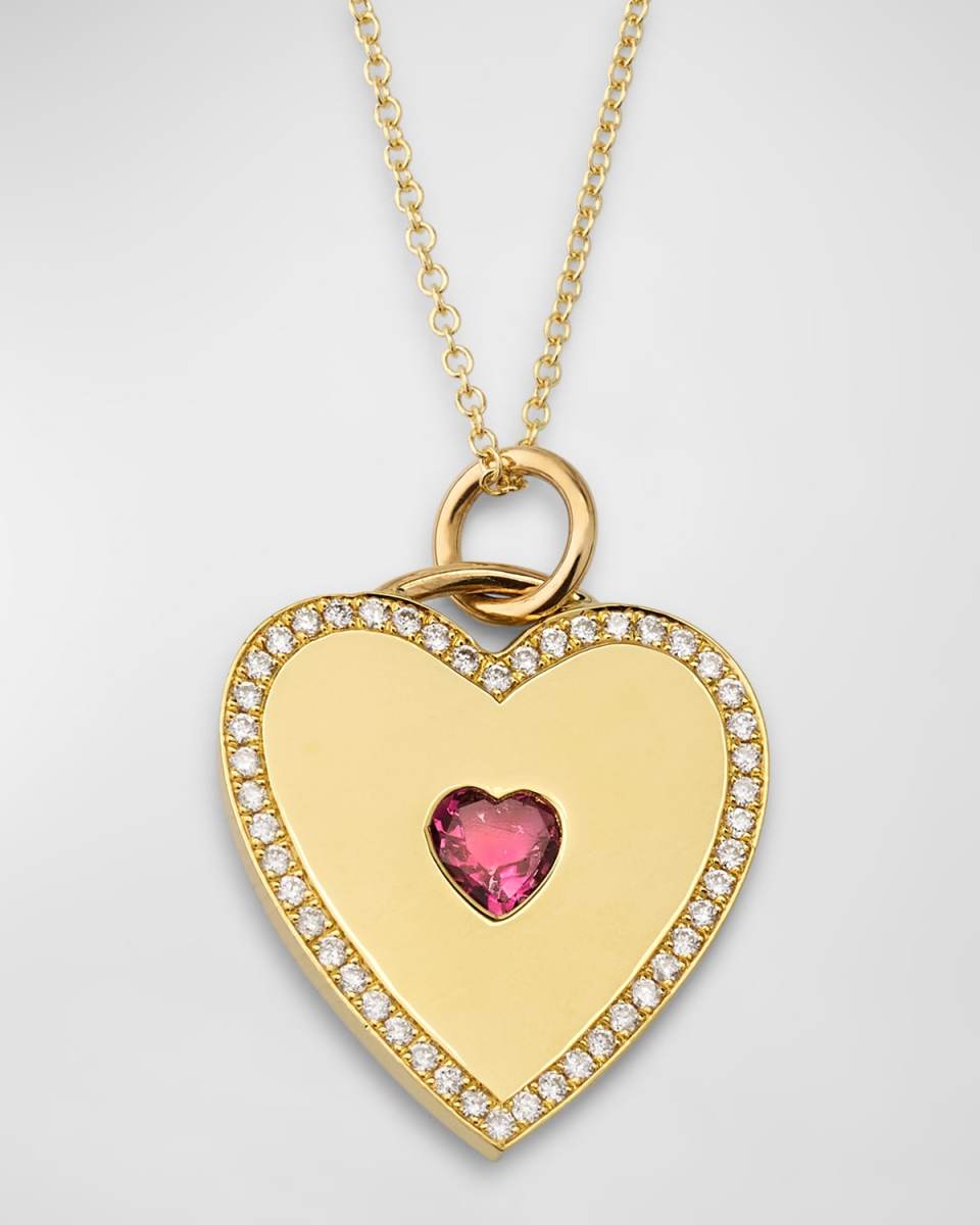 18K Yellow Gold Heart Pendant Necklace with Pink Tourmaline Center and Diamonds